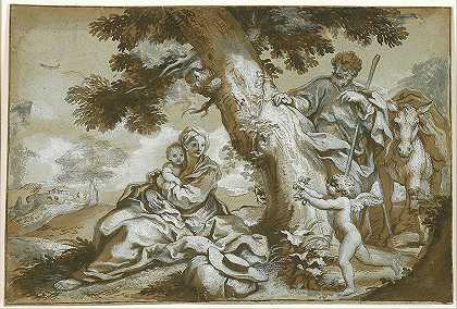其余的人在飞往埃及的航班上`The Rest on The Flight into Egypt (from 1690 until 1694) by Paolo Gerolamo Piola
