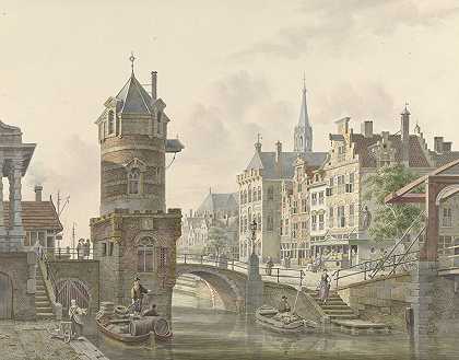 在一座石桥附近有一座塔的城镇里的运河`Gracht in een stad met een torentje bij een stenen brug (1788 ~ 1846) by Jan Hendrik Verheijen