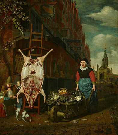 这只猪穿着皮革，脸贴在哈勒默波特上`Het varken op de leer met gezicht op de Haarlemmerpoort (1668) by Michiel Van Musscher