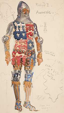 奥默尔（武装），亨利·欧文1898年计划制作的《理查二世》的服装素描`Aumerle (armed), costume sketch for Henry Irving’s 1898 Planned Production of Richard II by Edwin Austin Abbey
