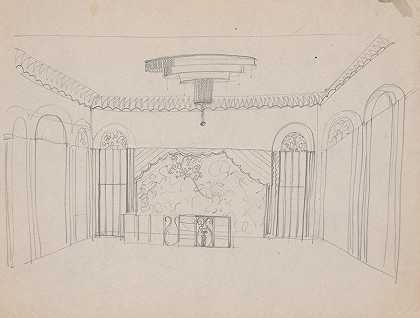 第五大道Lentheric沙龙的设计纽约州纽约市萨沃伊广场58街。透视草图`Design for the Lentheric Salon, Fifth Ave. & 58th St., Savoy~Plaza Hotel, New York, NY. Perspective sketch (1925) by Winold Reiss