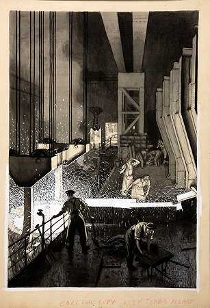 铸造现场（监督熔融金属浇注的人员）`Foundry scene (men supervising pouring of molten metal) (between 1939 and 1946)