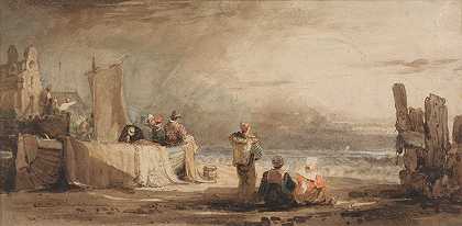海滩上的人影`Figures on a Beach (after 1827) by Samuel Prout