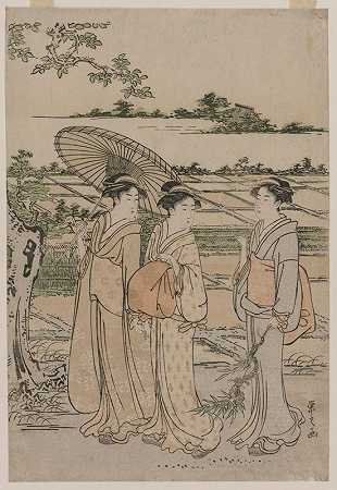 三个女人在乡下散步`Three Women Strolling in the Countryside (mid 1780s) by Chōbunsai Eishi