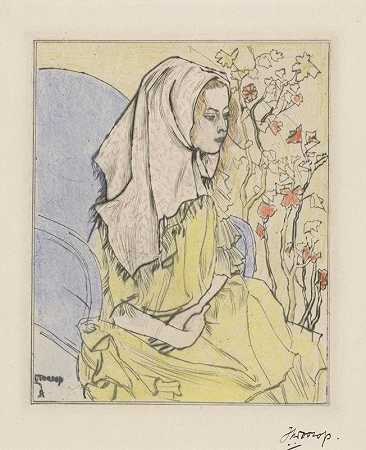 查理·图罗普戴着头巾坐在扶手椅上`Charley Toorop met hoofddoek in een leunstoel (1898) by Jan Toorop