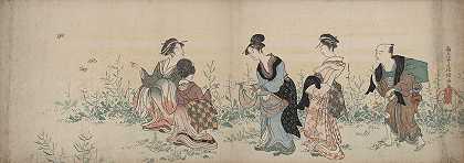 四个女孩和一个仆人在欣赏野花和蝴蝶`Four girls and a servant enjoying wild flowers and butterflies (1787) by Kubo Shunman