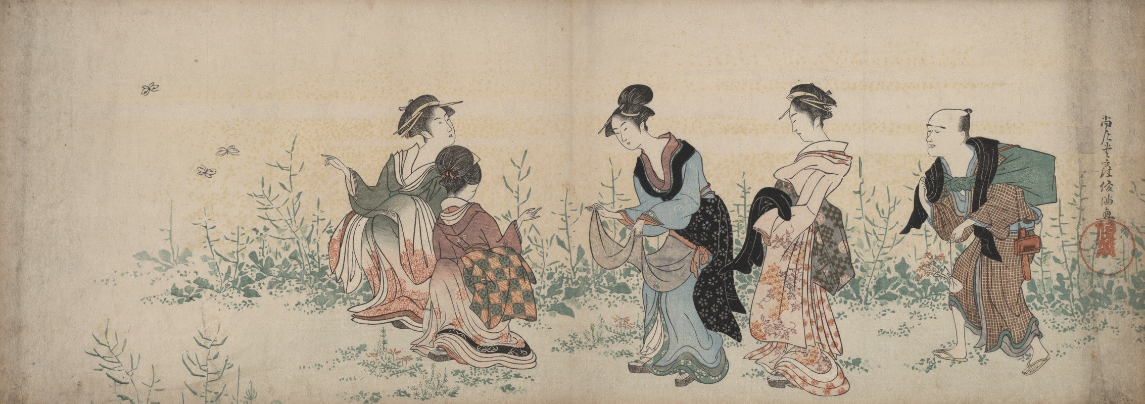 四个女孩和一个仆人在欣赏野花和蝴蝶`Four girls and a servant enjoying wild flowers and butterflies (1787) by Kubo Shunman