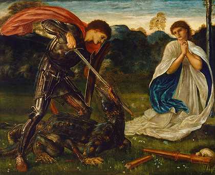 战斗圣乔治杀龙六世`The fight; St George kills the dragon VI (1866) by Sir Edward Coley Burne-Jones