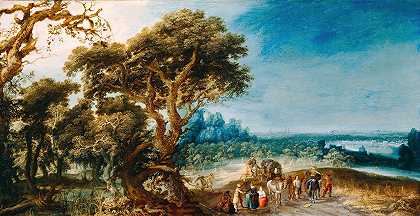 马车挡住的风景`Landscape with a Carriage Hold~Up (ca. between 1615 and 1625) by Jacob van Geel