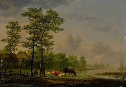 河流前有农民、牛羊的景观`Landscape with farmers, cattle and sheep before a river (1782) by Andries Vermeulen