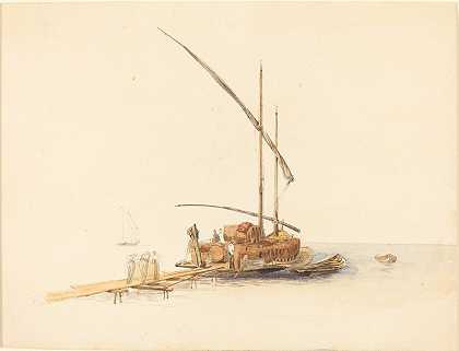 葡萄酒桶装在维维的一艘帆船上`Wine Barrels Loaded onto a Sailing Barge at Vevey (c. 1850) by Johann Jacob Ulrich