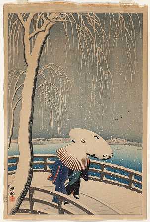 雪地里的雨伞`Umbrellas in Snow (1931) by Ohara Koson