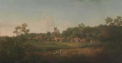 肯特郡海特村和教堂的远景`A Distant View of Hythe Village and Church, Kent by Arthur Nelson