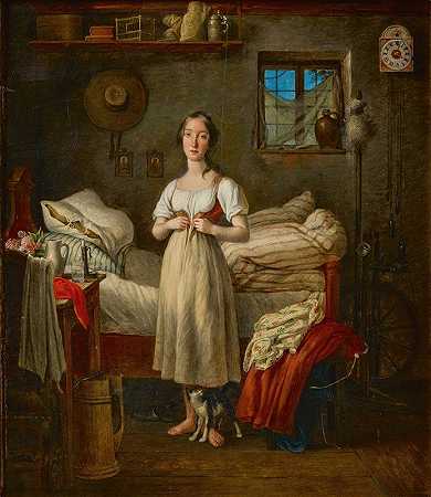 女孩的晨厕`Morgentoilette eines Mädchens (1836) by Michael Neder