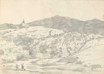有高耸建筑和圆顶教堂的景观`Landscape with a Towered Building and Domed Church (1774–75) by Joseph Wright of Derby