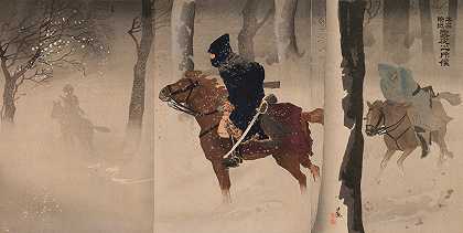 在一个下雪的夜晚，在纽庄附近的童子军`Scouts near Nuizhuang on a Snowy Night (1894) by Kobayashi Kiyochika