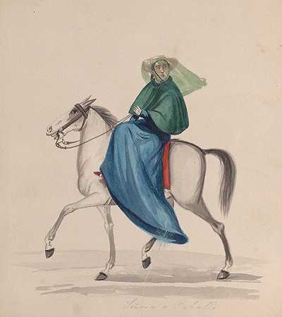 马背上穿着优雅的女人`An elegantly dressed woman on horseback (ca. 1848) by Francisco Fierro