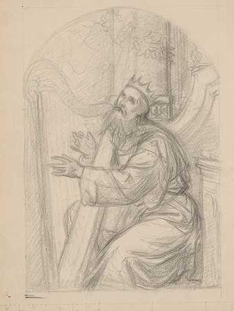 这幅画的草图大卫王弹琴`Sketch to the painting King David playing the harp (1855) by Józef Simmler