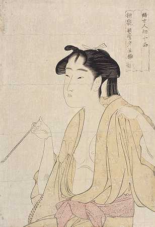 从烟斗里呼出烟的女人`Woman Exhaling Smoke from a Pipe (circa 1792~1793) by Kitagawa Utamaro