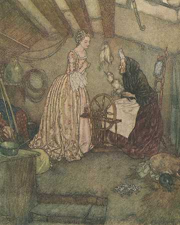 睡美人看着一个老妇人旋转。`Sleeping Beauty watching an old woman spin. by Edmund Dulac