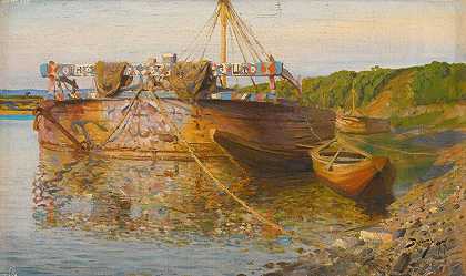 奥卡河上的驳船`Barge On The River Oka (1897) by Vasily Dmitrievich Polenov