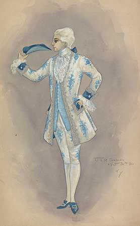 男子穿着白色和浅蓝色花朵justacorps和马裤，配浅蓝色马甲`Man in white and light blue floral justacorps and breeches with light blue waistcoat (1912 ~ 1924) by Will R. Barnes