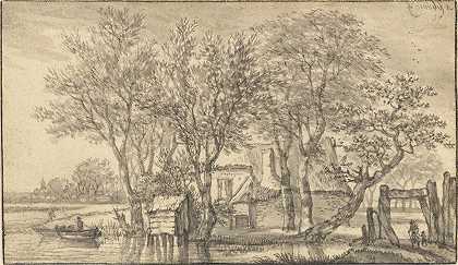 隐藏在河岸树丛中的小屋`A Cottage Hidden Among Trees on a Riverbank (1658–1663) by Adriaen Hendriksz. Verboom