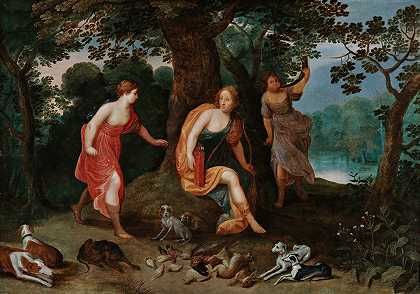 戴安娜和她的仙女们被狩猎的战利品包围着`Diana And Her Nymphs Surrounded By The Spoils Of The Hunt by Circle of Jan Breughel the Younger