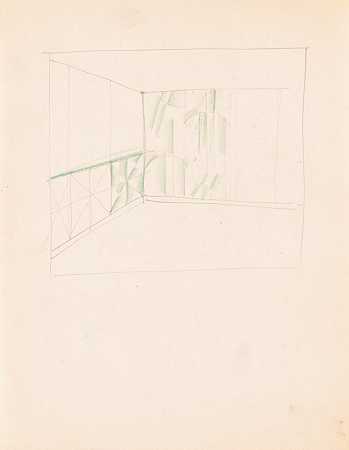 不明房间的室内设计图纸。用绿色面板绘制草图`Interior design drawings for unidentified rooms. Sketch with green panels (1910) by Winold Reiss