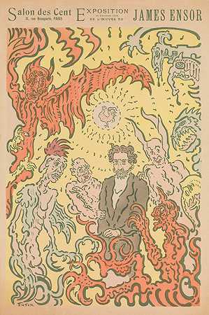 恶魔在戏弄我巴黎圣沙龙詹姆斯·恩索展览海报`Demons Teasing Me; Poster for the James Ensor Exhibition at the Salon des Cent in Paris (1898) by James Ensor