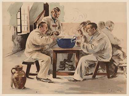 军营里的汤`Soup in the Barracks (La soupe a la chambrée) (ca. 1898) by J. Baseilhac
