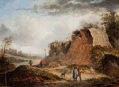 岩石景观，游客在小路上，两个人在前景中交谈`Rocky Landscape with Travelers on a Path and Two Figures Conversing in the Foreground by Thomas van Apshoven