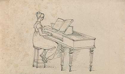 坐在方形钢琴旁的女人`Woman at a Square Piano by Benjamin West