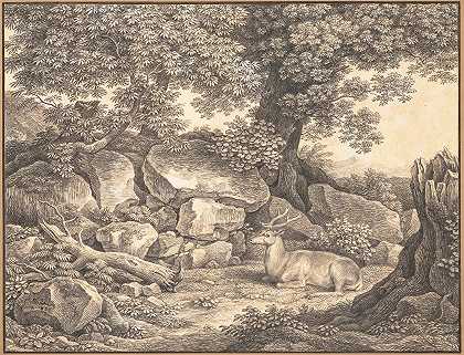 有树木、岩石和休息的鹿的意大利景观`Italian Landscape with Trees, Rocks and a Resting Deer (1824) by Johann Christian Reinhart