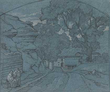 两个僧侣的风景`Landscape with Two Monks (c. 1840) by François Edouard Bertin