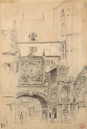 大钟和喷泉D鲁昂的阿雷图斯`Le Gros Horloge et la fontaine dAréthuse à Rouen by Paul Huet