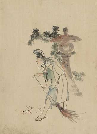 一名男子正在清扫石头神殿附近从树上掉落的松针`A man sweeping pine needles that have fallen from a tree near a stone shrine (1830~1850) by Katsushika Hokusai