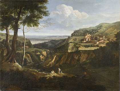 弗拉斯卡蒂附近卡马尔多利的隐居地景观`View of the Hermitage of Camaldoli near Frascati (circa 1670~1675) by Gaspard Dughet