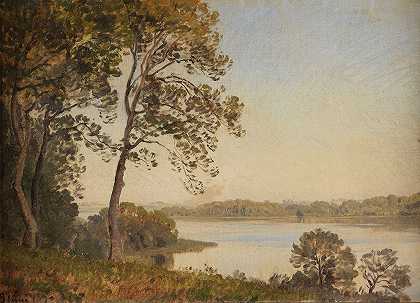 从峡湾俯瞰丹麦风景`Dänische Landschaft mit Blick über einen Fjord (1877) by Janus la Cour