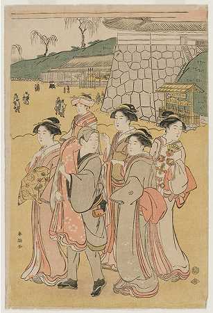 陪女孩去神社的女人`Women Accompanying a Girl to a Shrine (early 1790s) by Katsukawa Shunchō