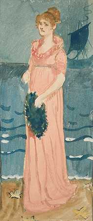 海滩上的女人，远处的船`Unidentified illustration of woman on a beach, ship in distance by Edwin Austin Abbey