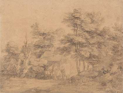 树木繁茂的景观，人物、驴子和小屋`Wooded Landscape with Figures, Donkeys and Cottage (ca. 1767) by Thomas Gainsborough