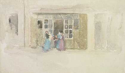 布列塔尼商店外的妇女和儿童`Women And Children Outside A Brittany Shop (circa 1888) by James Abbott McNeill Whistler