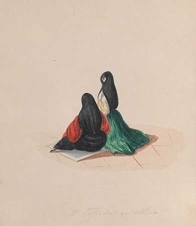 两名身穿萨娅服装的女子参加弥撒`Two woman wearing the saya attending mass (ca. 1848) by Francisco Fierro