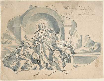 天花板的设计显示了圣母玛利亚、凯瑟琳和艾格尼丝`Design for a Ceiling showing the Virgin, Catherine, and Agnes (early to mid~18th century) by Matthais Wolcker