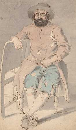 衣衫褴褛的男子右臂坐在另一把椅子上`Man in Ragged Clothes Seated with Right Arm Over Another Chair by Louis Philippe Boitard