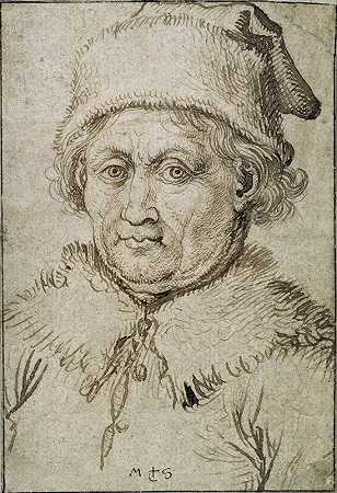 一位戴着毛皮衣领和帽子的老人的半身像`Bust~length image of an old man with fur collar and hat (1475) by Martin Schongauer