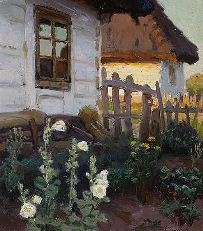 有小屋和冬青树的景观`Landscape with a cottage and hollyhocks (1905) by Teodor Ziomek
