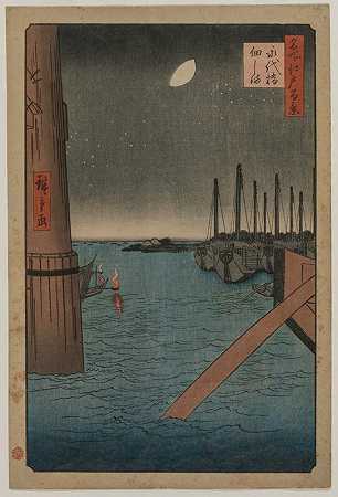 峨台桥的筑坝集马，从江户名胜古迹百余景看`Tsukudajima from Eitai Bridge, from the series One Hundred Views of Famous Places in Edo (1858) by Andō Hiroshige