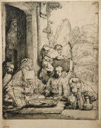 亚伯拉罕招待天使`Abraham Entertaining the Angels (1656) by Rembrandt van Rijn